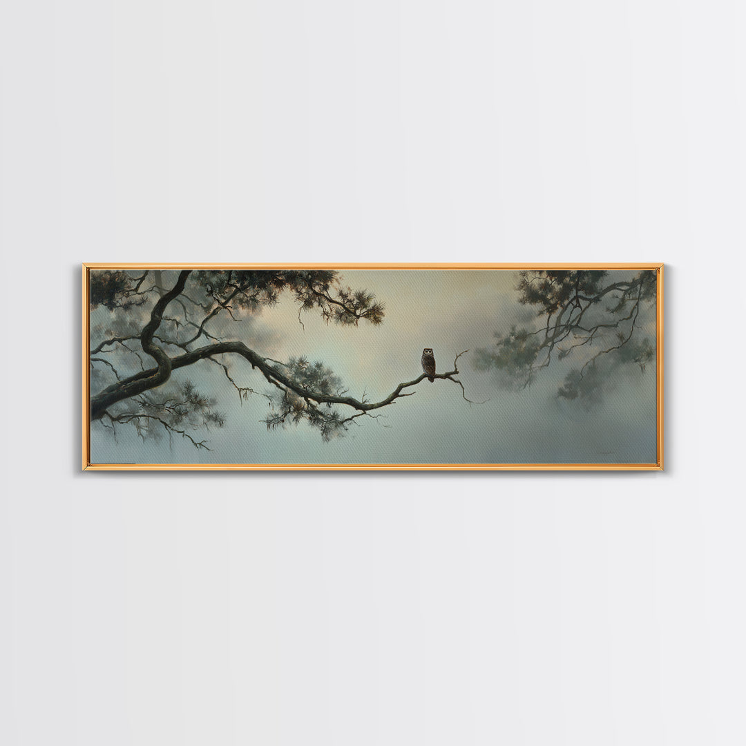 Owl in Moonlit Branches Framed Canvas Print, Nature Art, Wall Art, Living Room Decor, Watercolor Art, Nature, Wood Wall Art, NAT-3x1-59