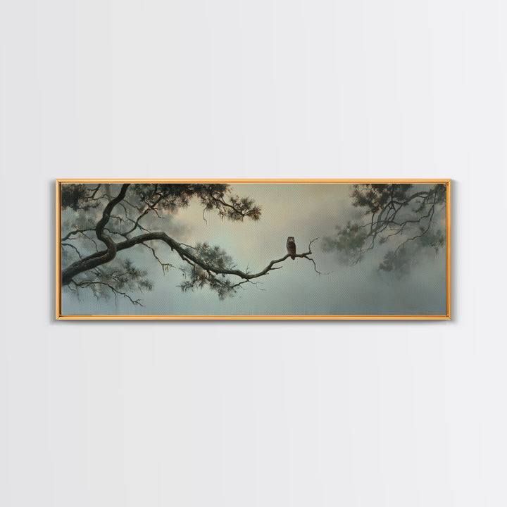 Owl in Moonlit Branches Framed Canvas Print, Nature Art, Wall Art, Living Room Decor, Watercolor Art, Nature, Wood Wall Art, NAT-3x1-59