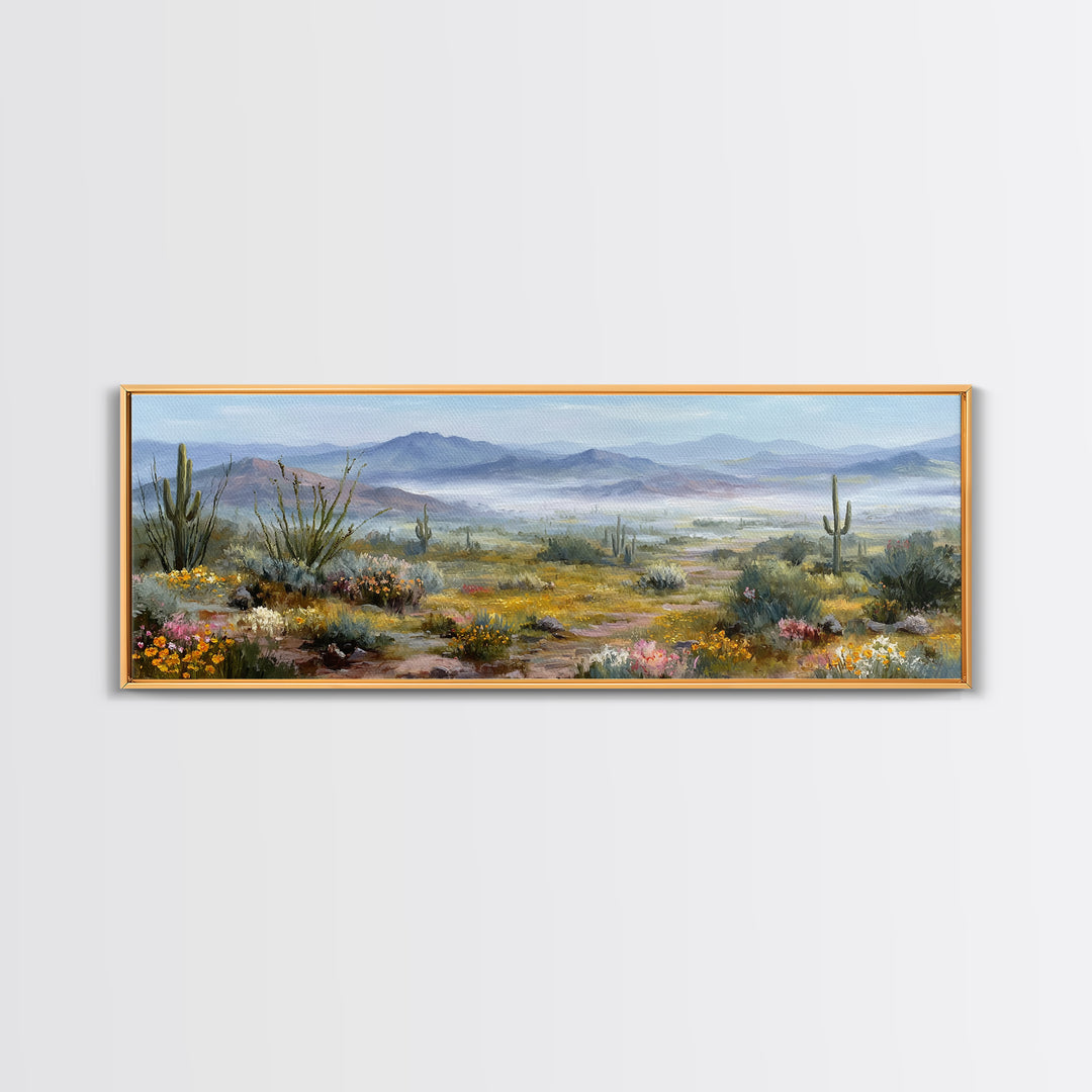 Desert Cactus Blooming After Rain Framed Canvas Print, Nature Art, Boho Decor, Living Room Decor, Oil Painting, Nature, NAT-3x1-60