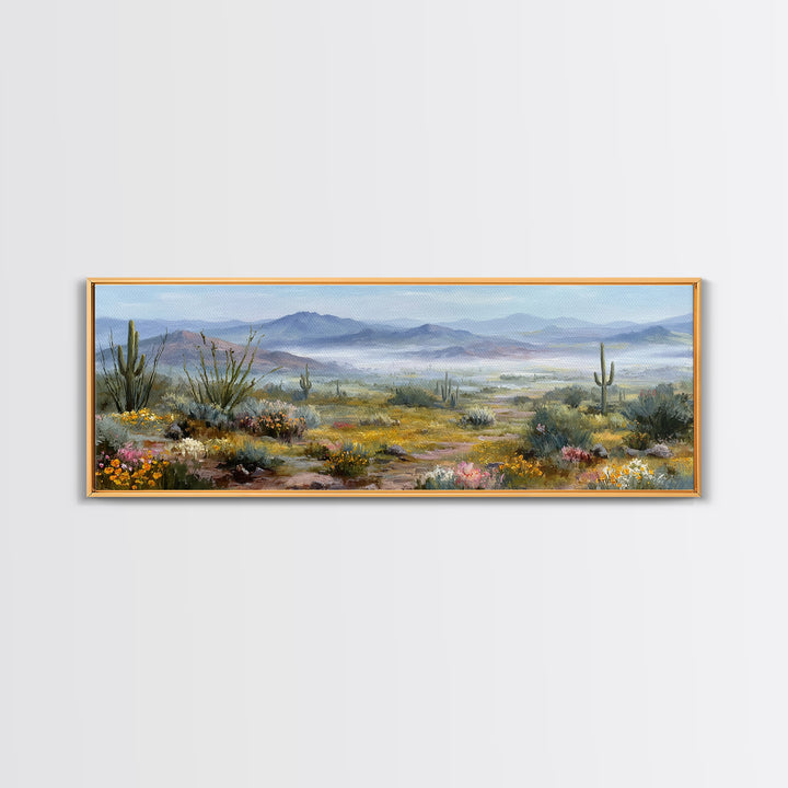 Desert Cactus Blooming After Rain Framed Canvas Print, Nature Art, Boho Decor, Living Room Decor, Oil Painting, Nature, NAT-3x1-60