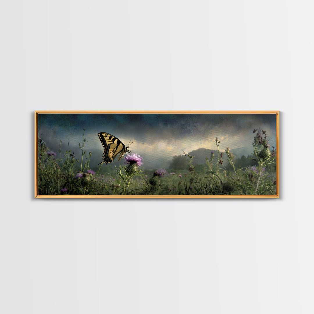 Butterfly Resting on a Blooming Thistle Framed Canvas Print, Nature Art, Living Room Decor, Watercolor Art, Nature, NAT-3x1-68