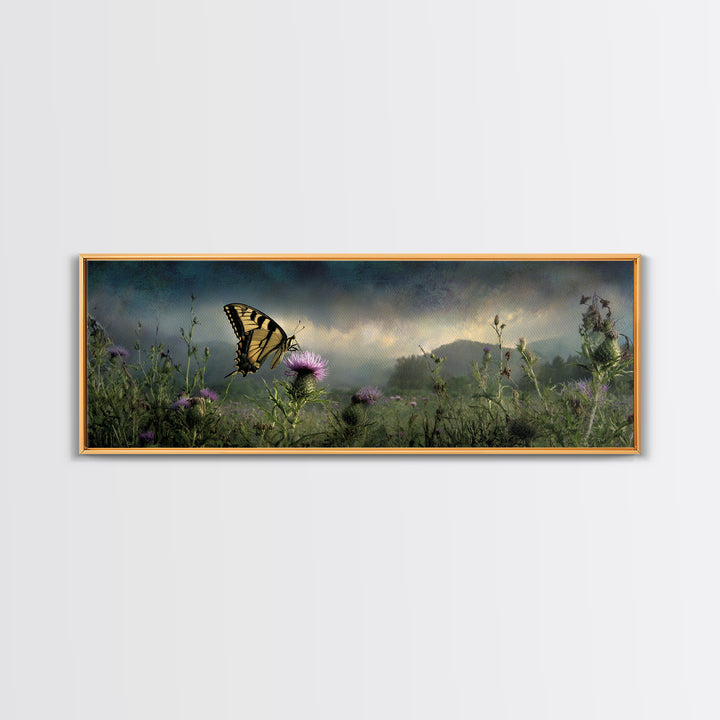 Butterfly Resting on a Blooming Thistle Framed Canvas Print, Nature Art, Living Room Decor, Watercolor Art, Nature, NAT-3x1-68