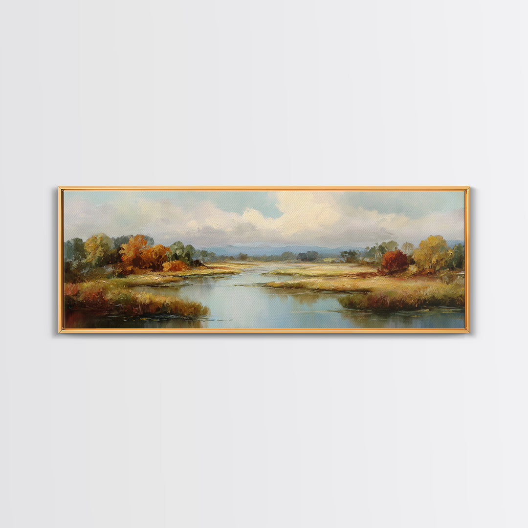 Autumn Leaves Floating on Quiet Stream Canvas Print, Nature Art, Art Print, Living Room Decor, Oil Painting, Nature, NAT-3x1-70