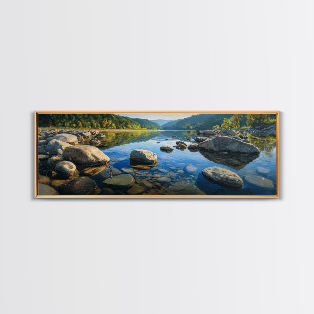 River Stones under Clear Shallow Water Framed Canvas Print, Nature Art, Stained Glass Art, Living Room Decor, Fine Art, Nature, NAT-3x1-77