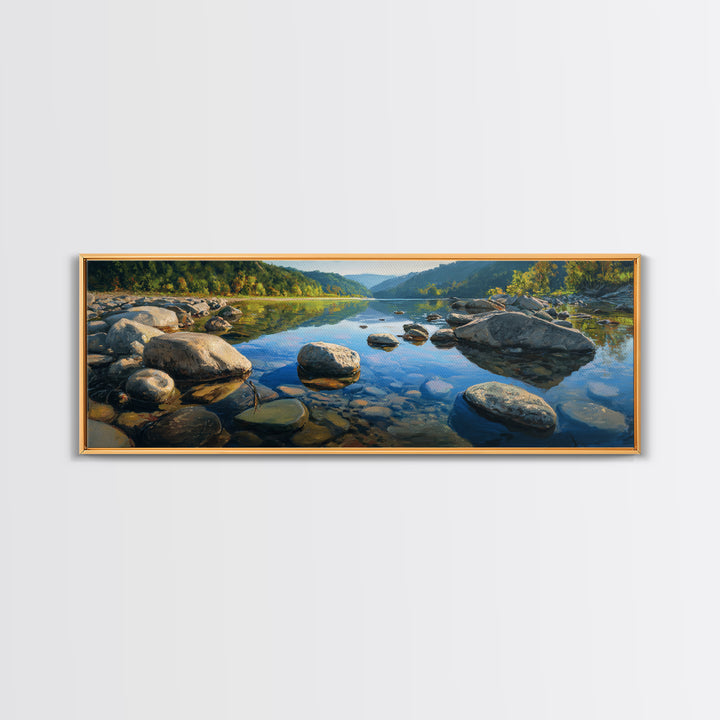 River Stones under Clear Shallow Water Framed Canvas Print, Nature Art, Stained Glass Art, Living Room Decor, Fine Art, Nature, NAT-3x1-77