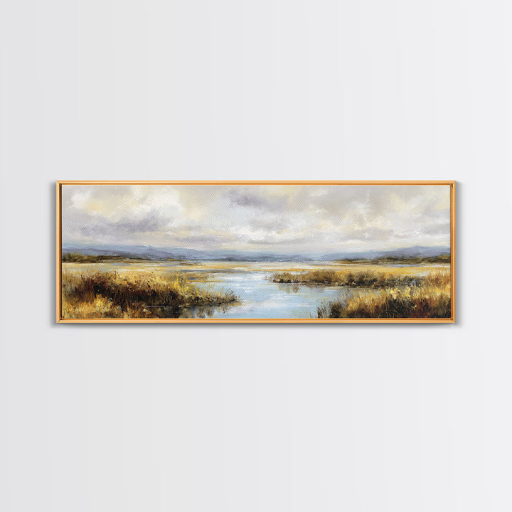 Dragonfly over a Pond with Reeds Framed Canvas Print, Nature Art, Wood Wall Art, Living Room Decor, Fine Art, Nature, NAT-3x1-82
