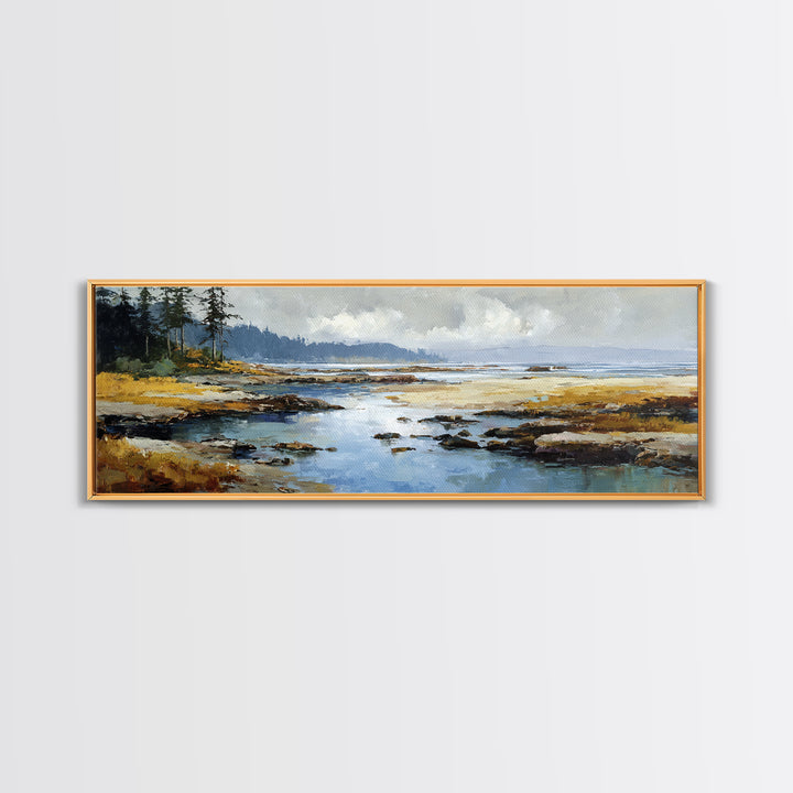 Calm Beach Tide Pooling Around Rocks Canvas Print, Nature Art, Minimalist Decor, Living Room Decor, Oil Painting, Nature, NAT-3x1-88
