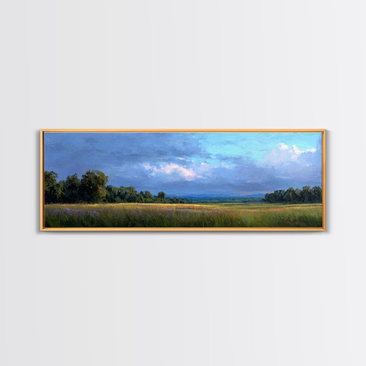 Wildflower Meadow under Soft Summer Sky Framed Canvas Print, Nature Art, Stained Glass Art, Living Room Decor, Fine Art, Nature, NAT-3x1-90