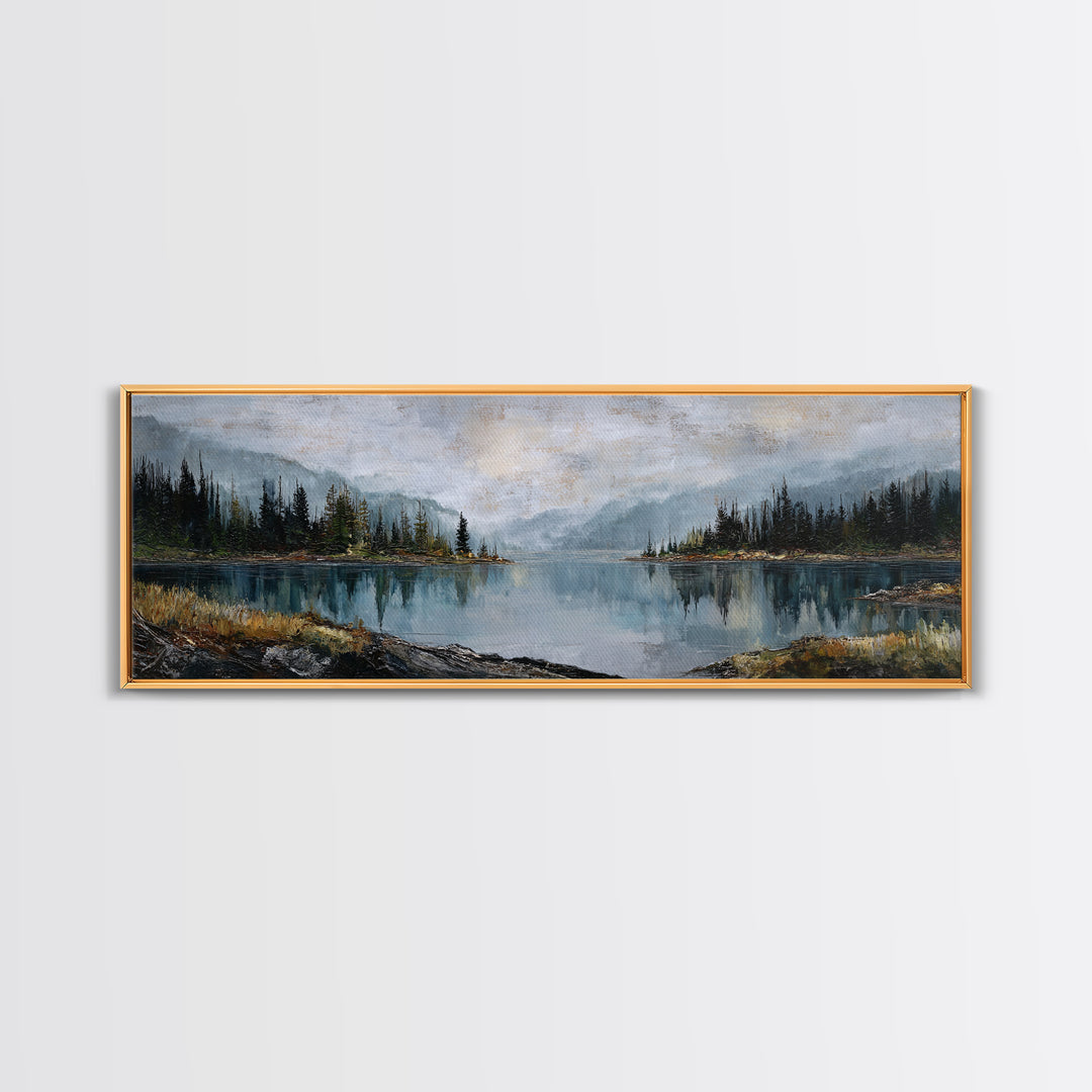 Misty Mountain Lake Canvas Print, Nature Art, Mountain Art, Living Room Decor, Oil Painting, Nature, Minimalist Decor, NAT-3x1-93