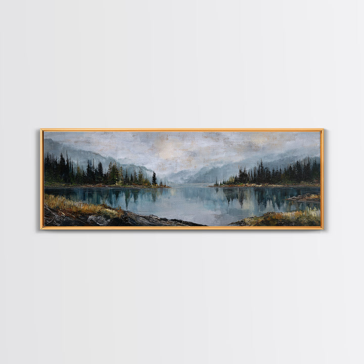Misty Mountain Lake Canvas Print, Nature Art, Mountain Art, Living Room Decor, Oil Painting, Nature, Minimalist Decor, NAT-3x1-93