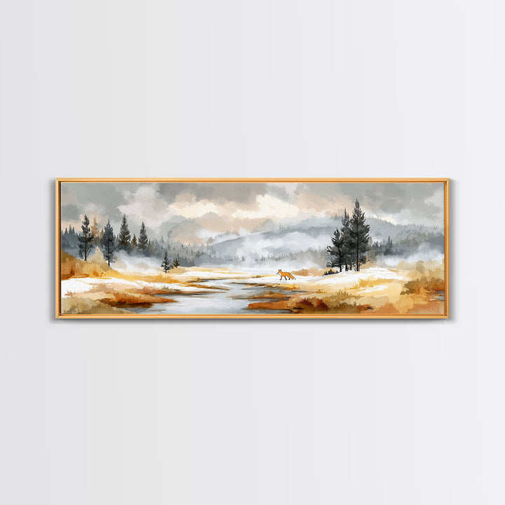 Fox Crossing a Snowy Forest Clearing Canvas Print, Nature Art, Moss Art, Living Room Decor, Oil Painting, Nature, NAT-3x1-98
