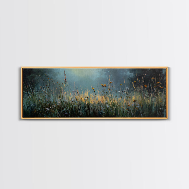 Sunrise Through Tall Grass and Wildflowers Framed Canvas Print, Nature Art, Living Room Decor, Oil Painting, Nature, NAT-3x1-99