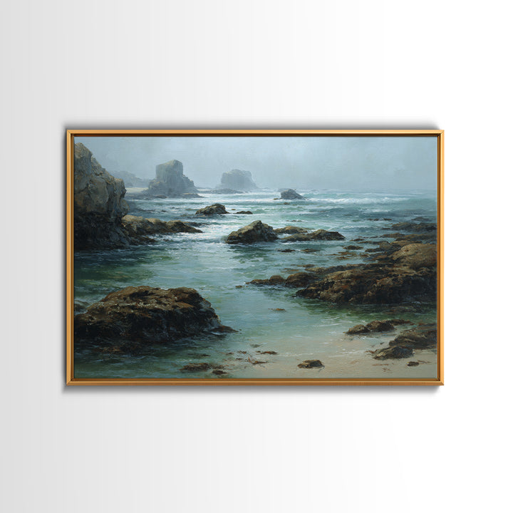 Calm Beach Tide Pooling Around Rocks Framed Canvas Print, Nature Art, Fine Art Print, Living Room Decor, Oil Painting, Nature, NAT-3x2-100