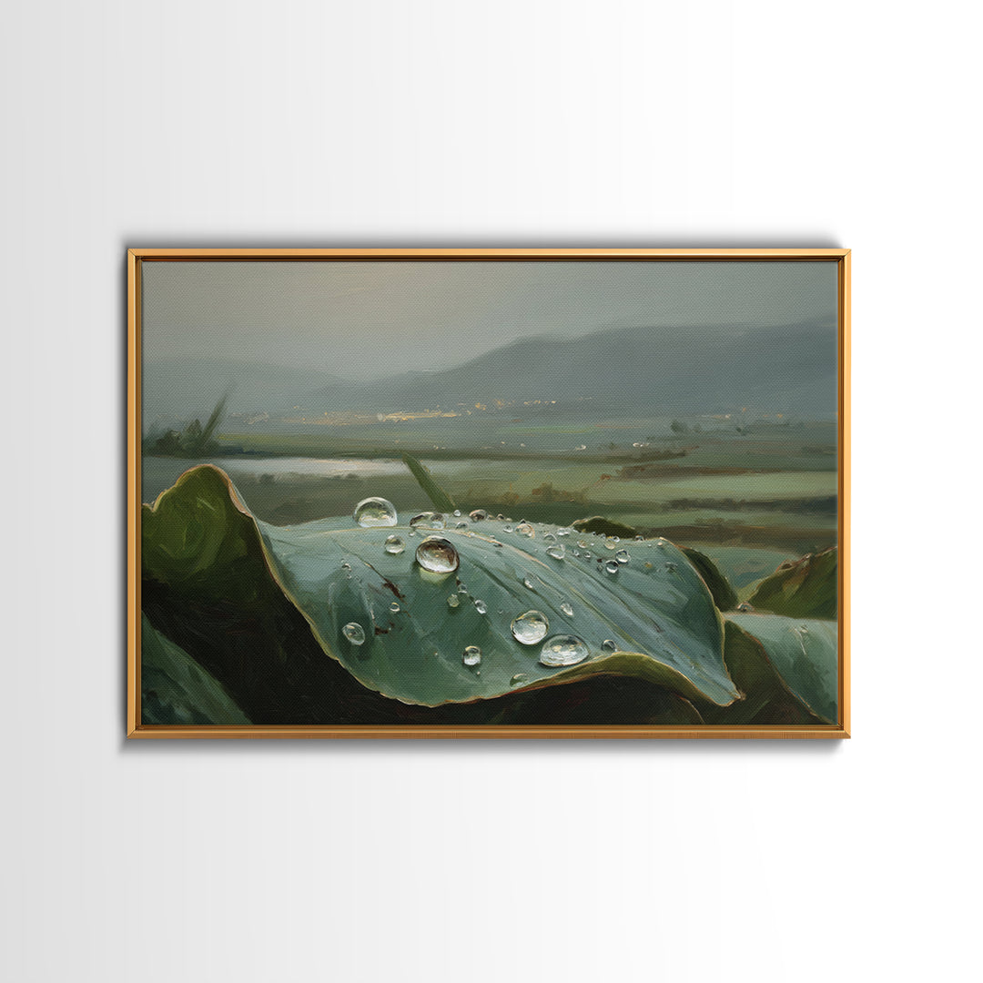 Rain Drops on a Large Green Leaf Framed Canvas Print, Nature Art, 3d Wall Art, Living Room Decor, Watercolor Art, Nature, NAT-3x2-13