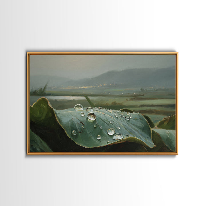 Rain Drops on a Large Green Leaf Framed Canvas Print, Nature Art, 3d Wall Art, Living Room Decor, Watercolor Art, Nature, NAT-3x2-13
