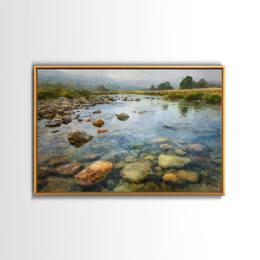 River Stones under Clear Shallow Water Canvas Print, Nature Art, Watercolor Painting, Living Room Decor, Fine Art, Nature, NAT-3x2-17