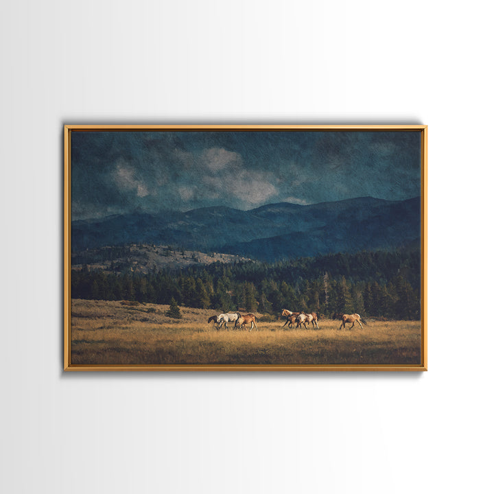 Wild Horses Running Near Mountain Ridge Framed Canvas Print, Nature Art, Wall Decor, Living Room Decor, Fine Art, Nature, NAT-3x2-2