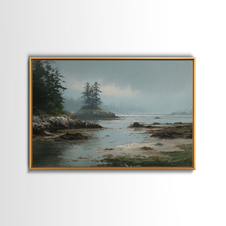 Calm Beach Tide Pooling Around Rocks Framed Canvas Print, Nature Art, Artwork, Living Room Decor, Nature, Landscape Art, NAT-3x2-28