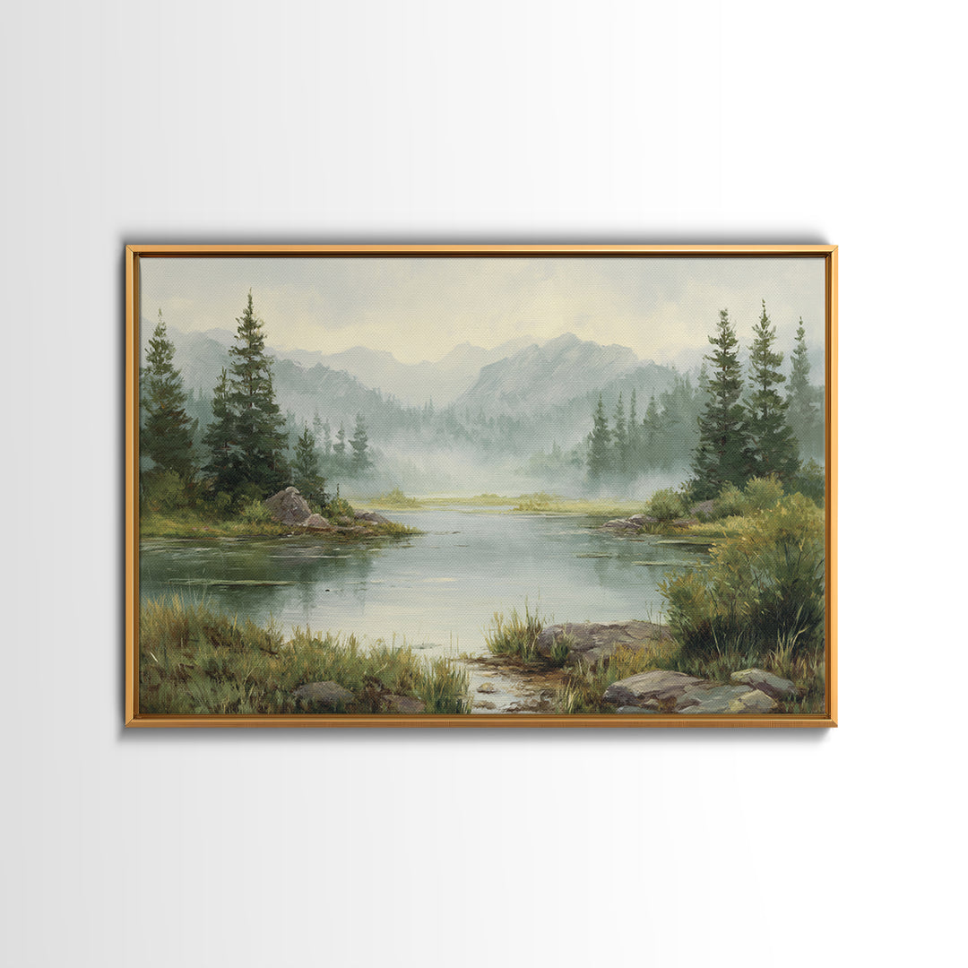 Misty Mountain Lake Canvas Print, Nature Art, Stained Glass Art, Living Room Decor, Nature, Modern Decor, Fine Art Print, NAT-3x2-33