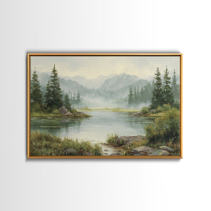 Misty Mountain Lake Canvas Print, Nature Art, Stained Glass Art, Living Room Decor, Nature, Modern Decor, Fine Art Print, NAT-3x2-33