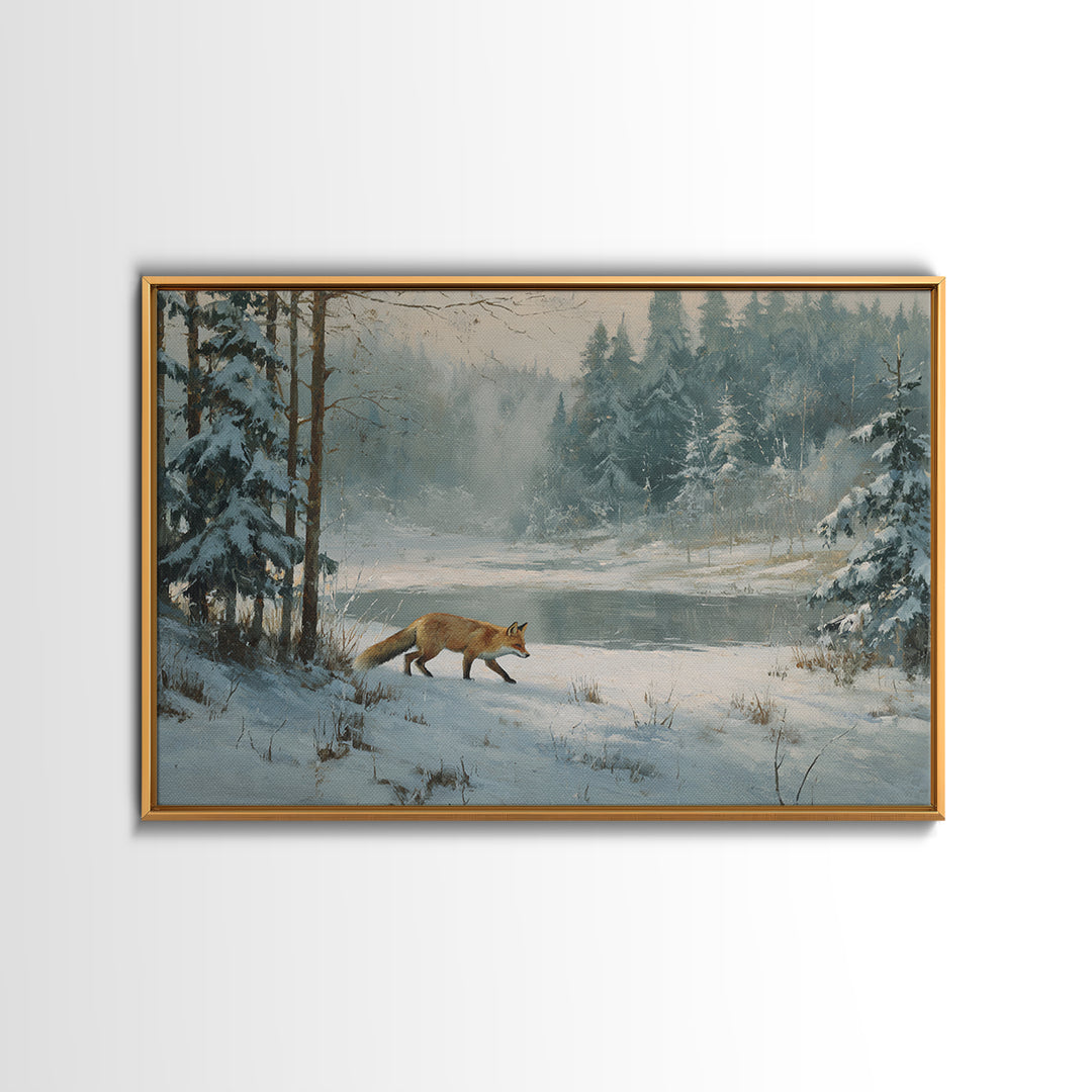 Fox Crossing a Snowy Forest Clearing Canvas Print, Nature Art, Wood Wall Art, Living Room Decor, Nature, Digital Download Art, NAT-3x2-38