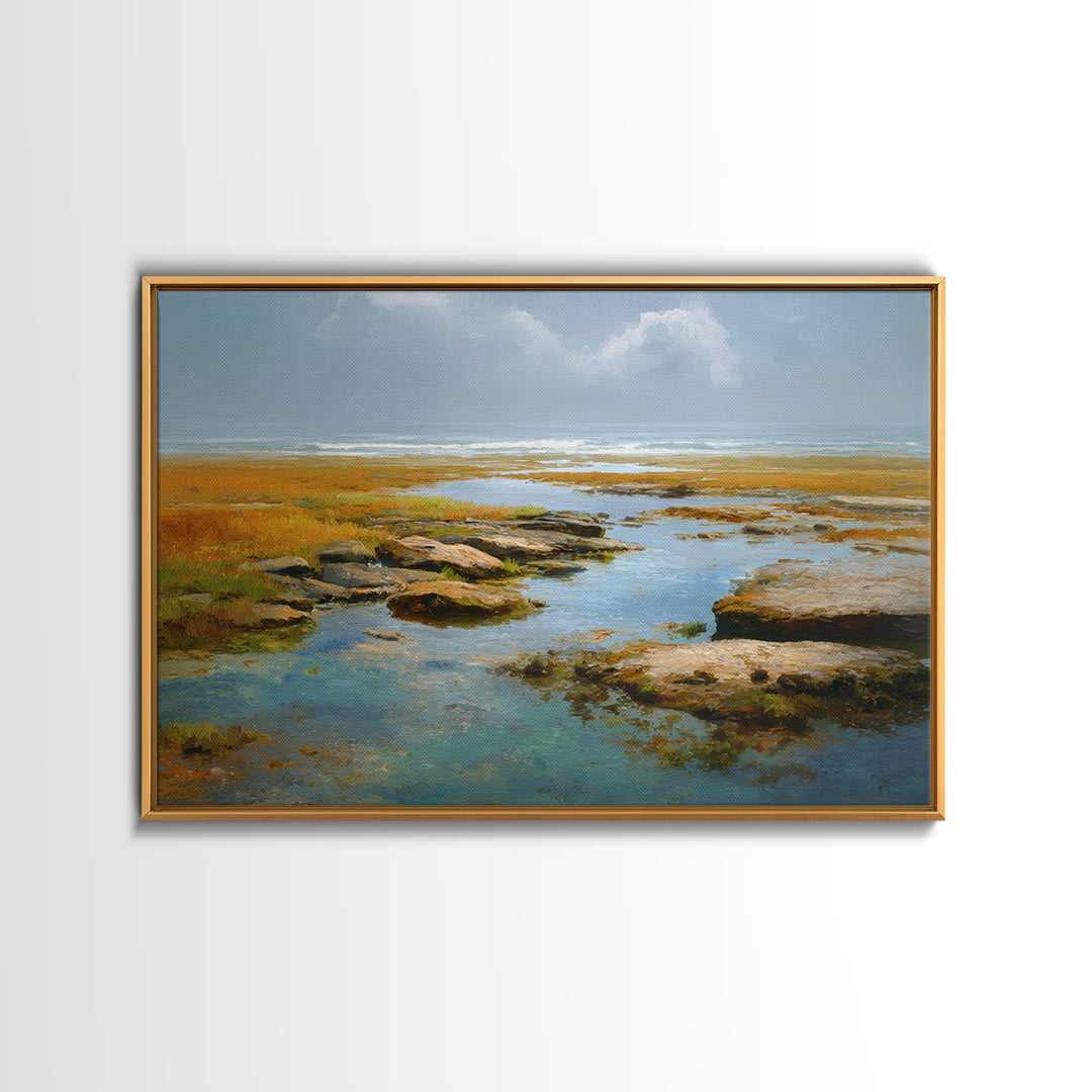 Calm Beach Tide Pooling Around Rocks Canvas Print, Nature Art, Living Room Decor, Oil Painting, Nature, Modern Wall Art, NAT-3x2-4