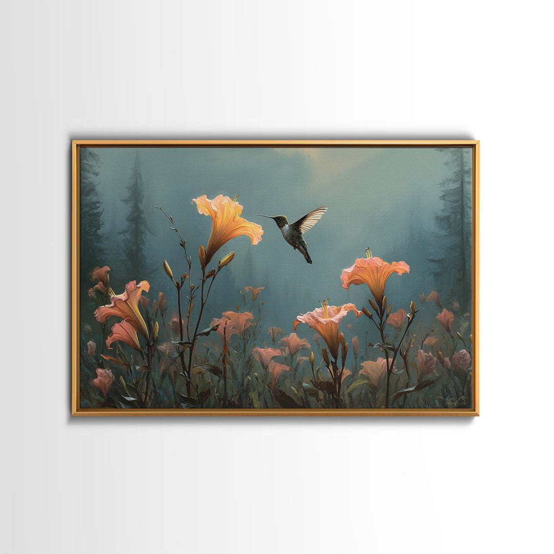 Hummingbird Beside Bright Trumpet Flowers Canvas Print, Nature Art, Living Room Wall Art, Living Room Decor, Nature, NAT-3x2-40