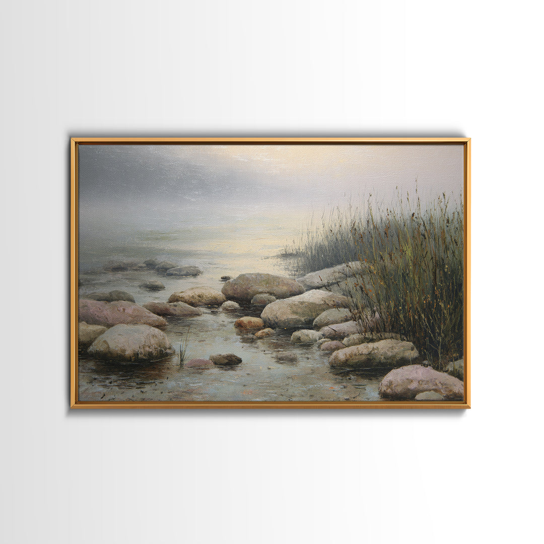 River Stones under Clear Shallow Water Framed Canvas Print, Nature Art, Moss Art, Living Room Decor, Watercolor Art, Nature, NAT-3x2-41