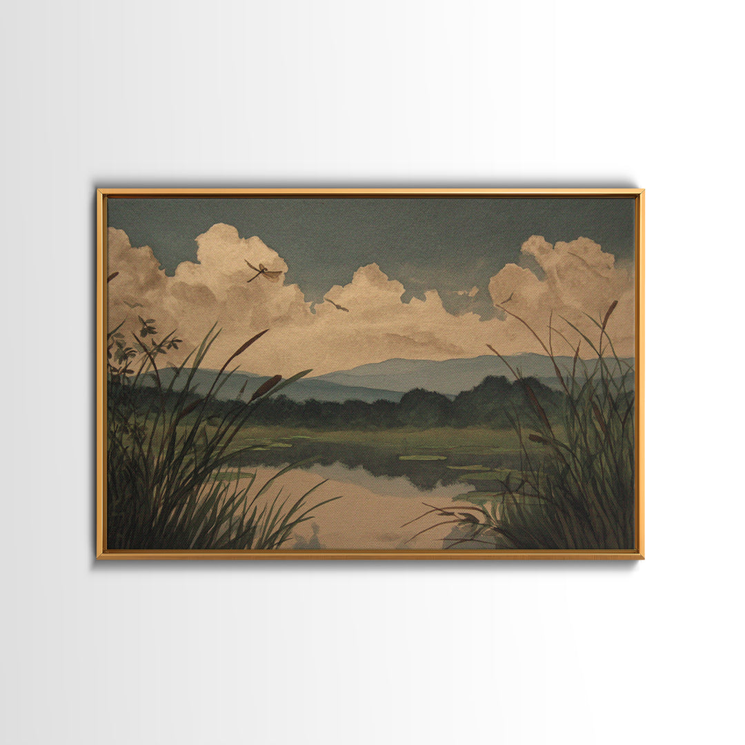 Dragonfly over a Pond with Reeds Framed Canvas Print, Nature Art, Abstract Wall Art, Living Room Decor, Fine Art, Nature, NAT-3x2-46