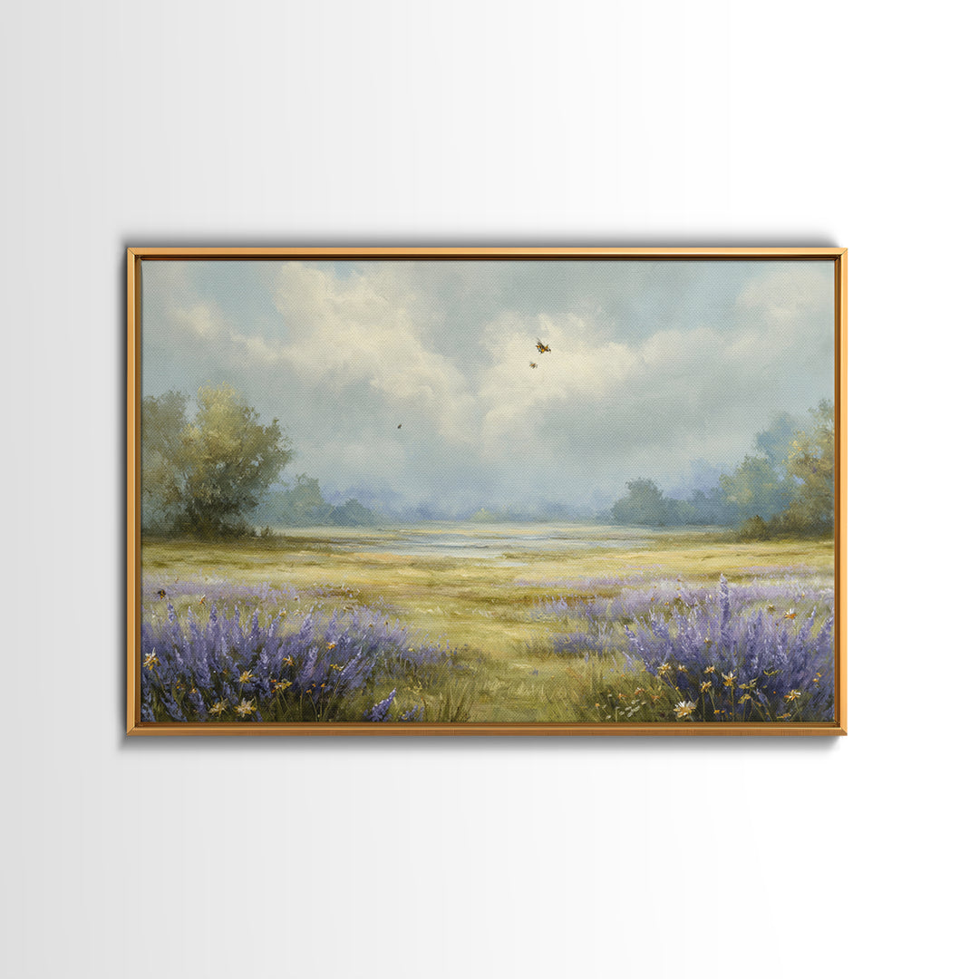 Bees Circling Lavender Blossoms Canvas Print, Nature Art, Digital Download Art, Living Room Decor, Nature, Luxury Decor, NAT-3x2-51