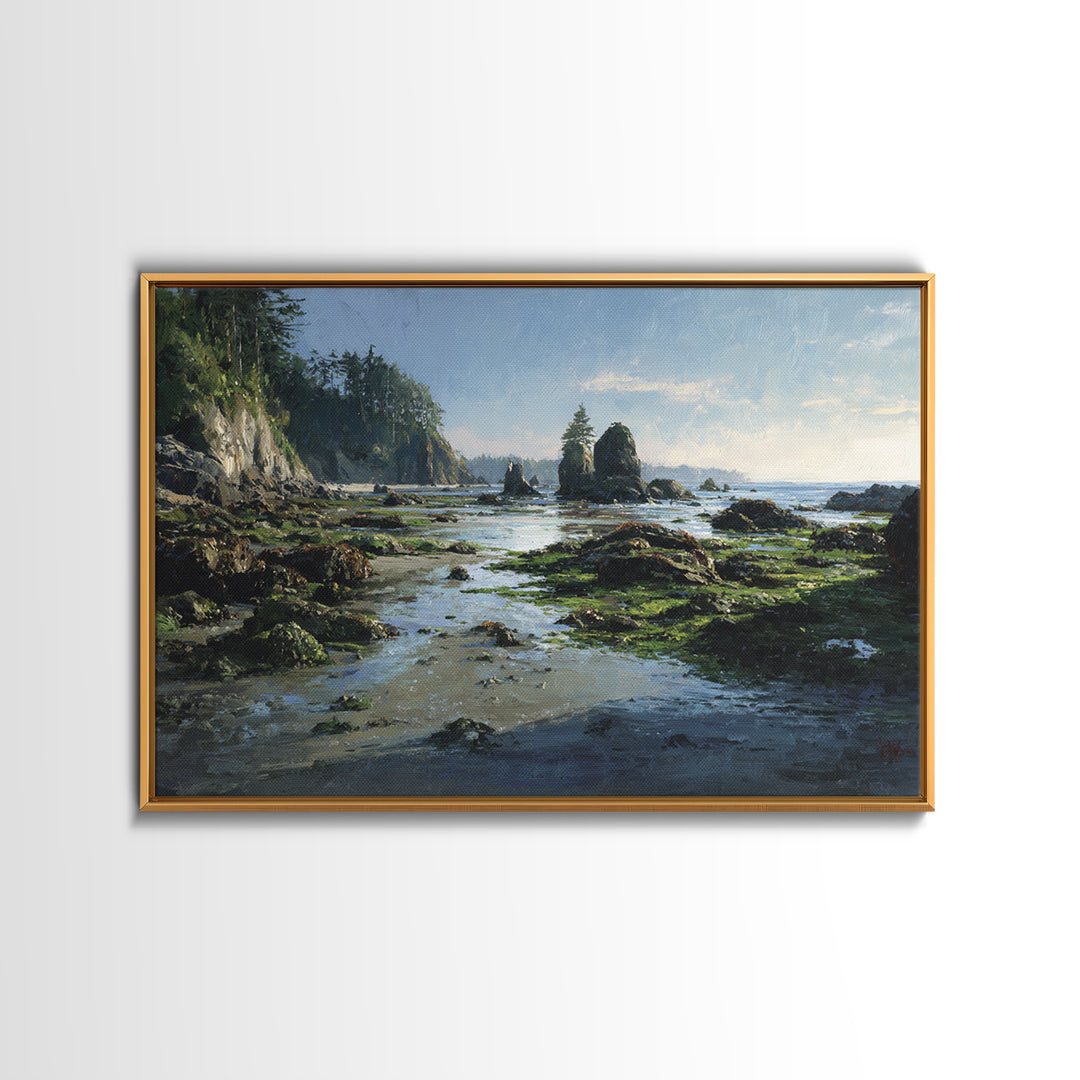 Calm Beach Tide Pooling Around Rocks Canvas Print, Nature Art, Watercolor Painting, Living Room Decor, Abstract Art, Nature, NAT-3x2-52