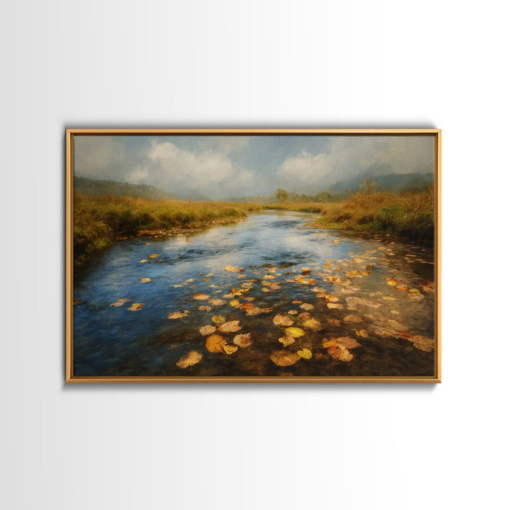 Autumn Leaves Floating on Quiet Stream Canvas Print, Nature Art, Modern Wall Art, Living Room Decor, Watercolor Art, Nature, NAT-3x2-58