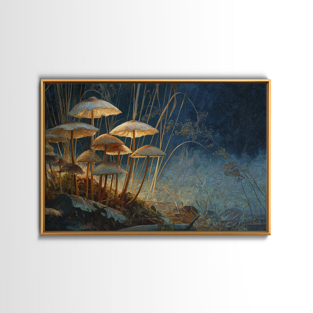Mushroom Cluster in Enchanted Woodland Framed Canvas Print, Nature Art, Art Print, Living Room Decor, Oil Painting, Nature, NAT-3x2-59