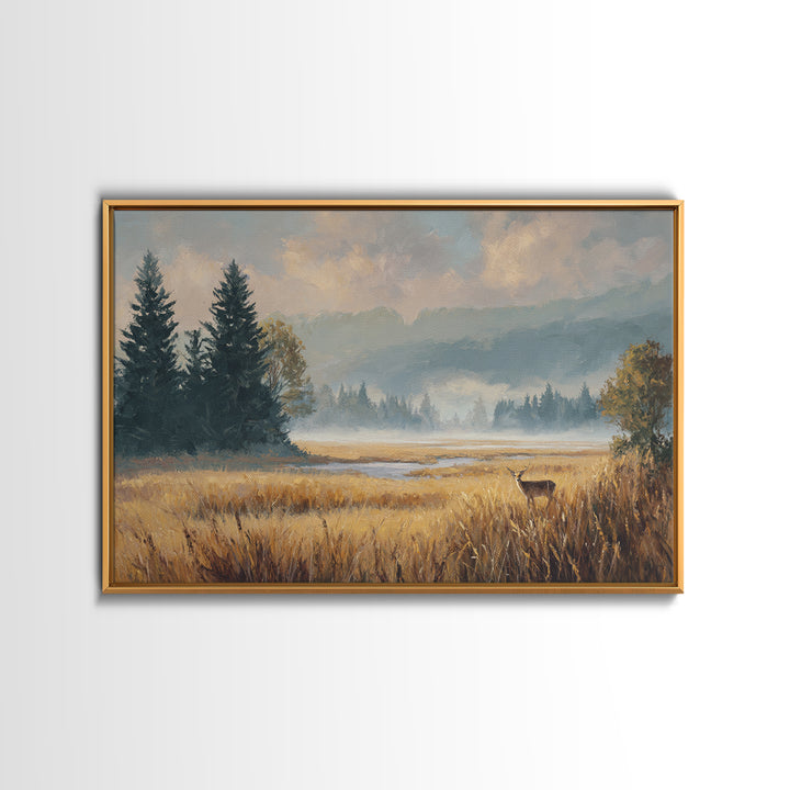 Deer Standing in a Golden Field Framed Canvas Print, Nature Art, Mountain Art, Living Room Decor, Nature, Minimalist Decor, NAT-3x2-60
