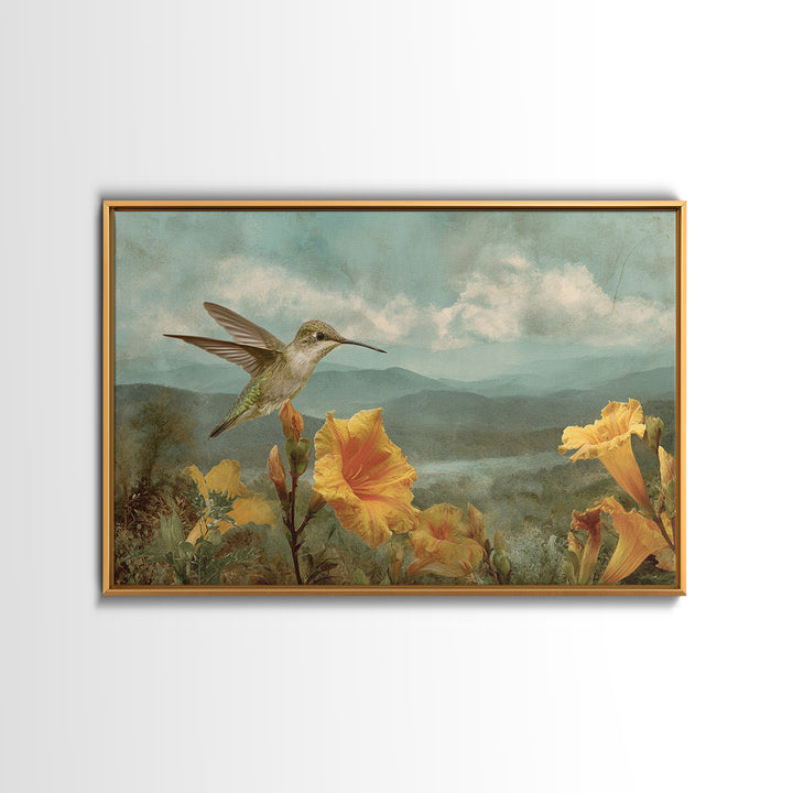 Hummingbird Beside Bright Trumpet Flowers Framed Canvas Print, Nature Art, Gallery Decor, Living Room Decor, Fine Art, Nature, NAT-3x2-64