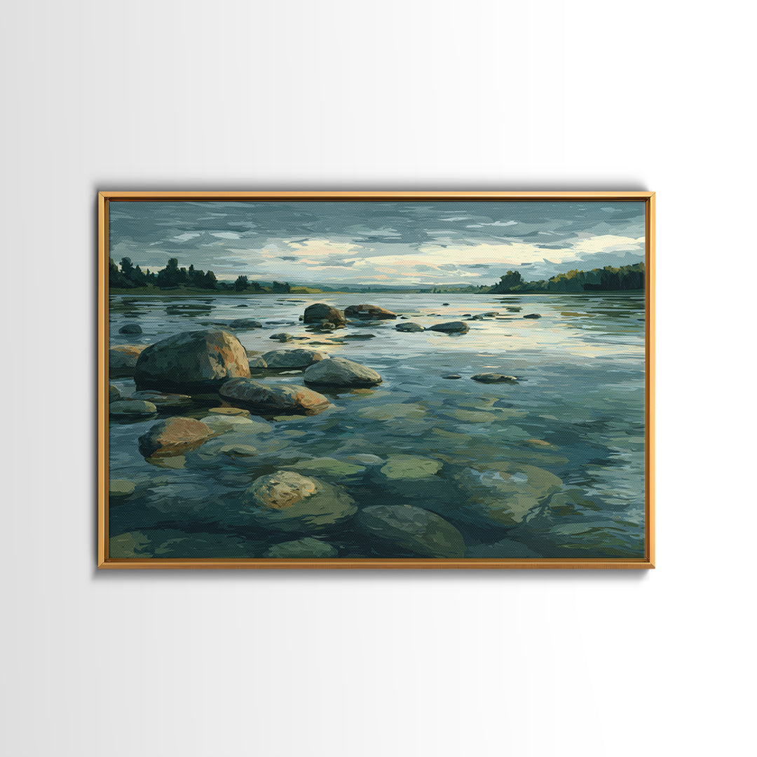 River Stones under Clear Shallow Water Framed Canvas Print, Nature Art, Moss Art, Living Room Decor, Watercolor Art, Nature, NAT-3x2-65