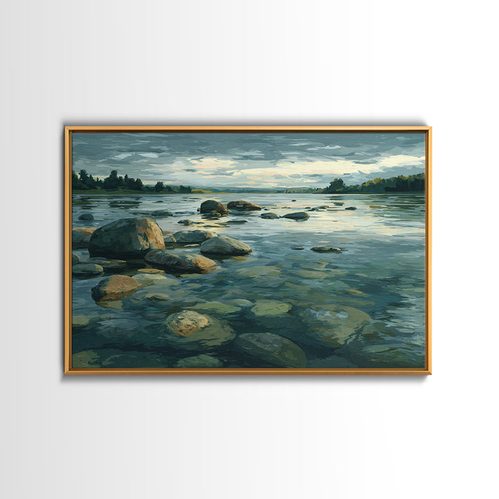 River Stones under Clear Shallow Water Framed Canvas Print, Nature Art, Moss Art, Living Room Decor, Watercolor Art, Nature, NAT-3x2-65