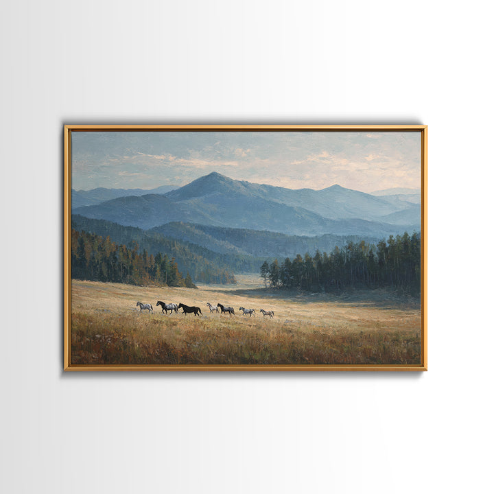 Wild Horses Running Near Mountain Ridge Framed Canvas Print, Nature Art, 3d Wall Art, Living Room Decor, Fine Art, Nature, NAT-3x2-74
