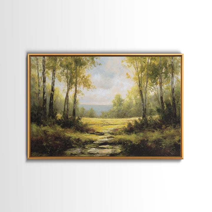 Sunlit Forest Path Framed Canvas Print, Nature Art, Gallery Decor, Living Room Decor, Fine Art, Nature, Contemporary Art, NAT-3x2-77