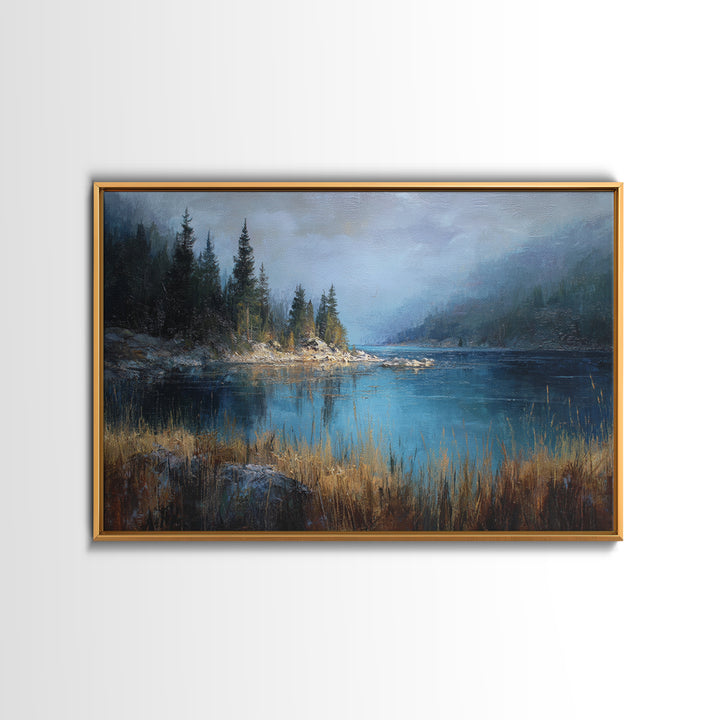 Misty Mountain Lake Framed Canvas Print, Nature Art, Ocean Art, Living Room Decor, Fine Art, Nature, Art Print, NAT-3x2-81