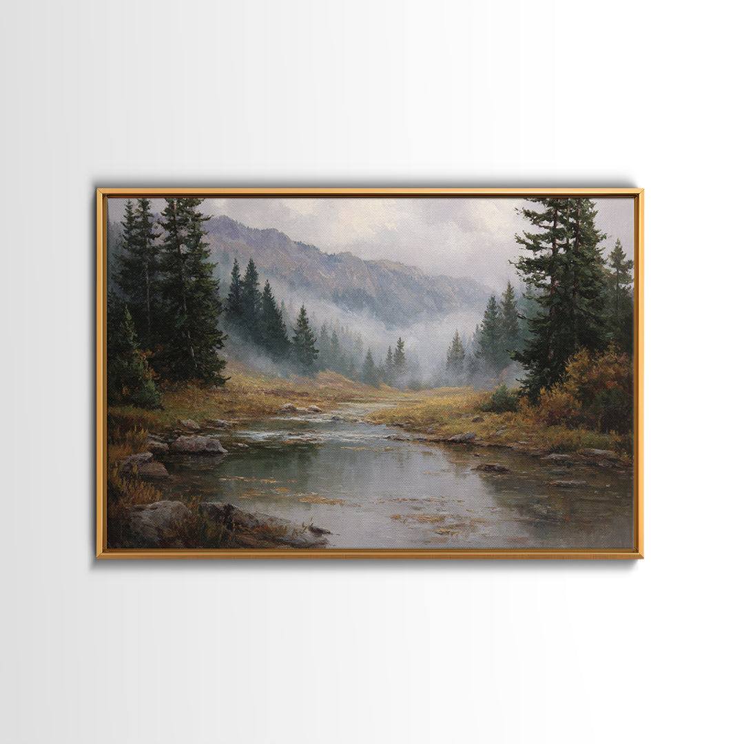 Autumn Leaves Floating on Quiet Stream Framed Canvas Print, Nature Art, Landscape Art, Living Room Decor, Oil Painting, Nature, NAT-3x2-82