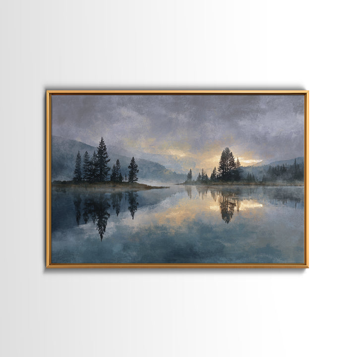 Misty Mountain Lake Framed Canvas Print, Nature Art, Abstract Wall Art, Living Room Decor, Oil Painting, Nature, Bird Wall Art, NAT-3x2-9