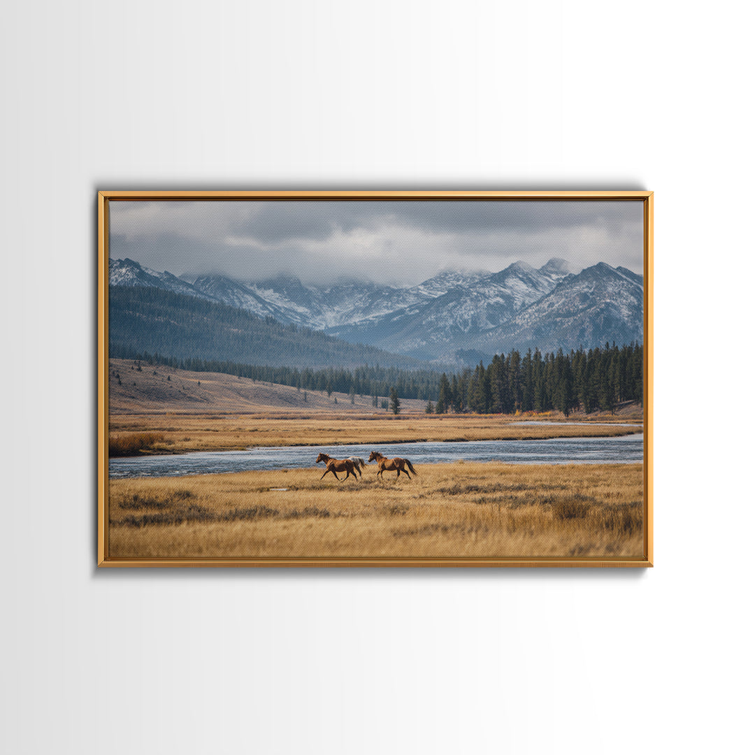 Wild Horses Running Near Mountain Ridge Canvas Print, Nature Art, Mountain Wall Art, Living Room Decor, Oil Painting, Nature, NAT-3x2-98