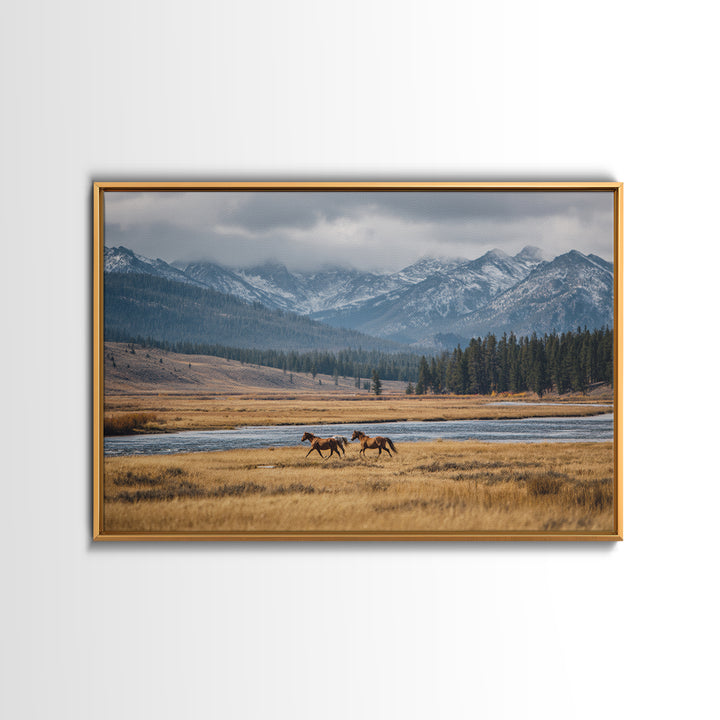 Wild Horses Running Near Mountain Ridge Canvas Print, Nature Art, Mountain Wall Art, Living Room Decor, Oil Painting, Nature, NAT-3x2-98