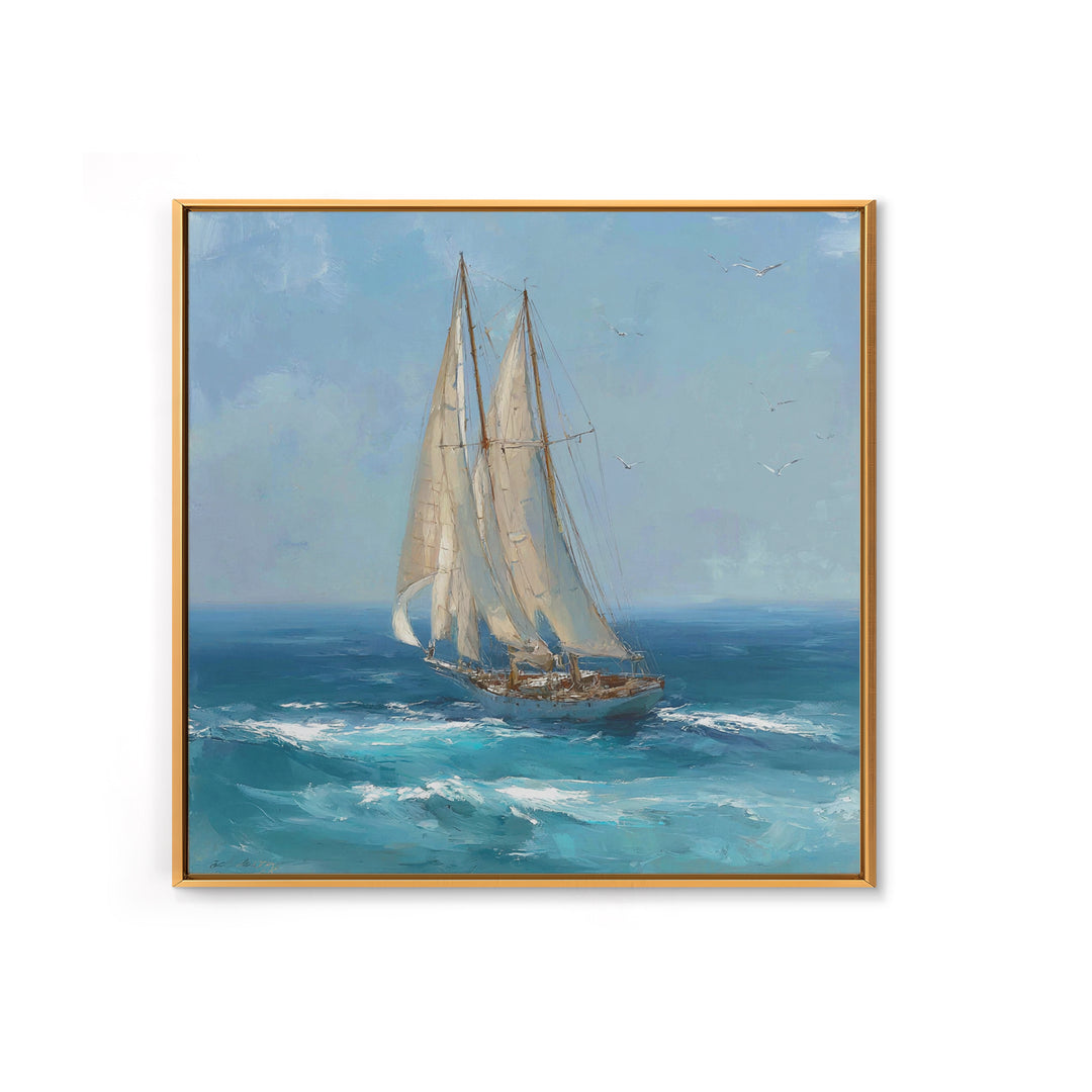 Sailboat Leaning into Wind on Blue Water Framed Canvas Print, Nautical Art, Modern Decor, Coastal Decor, Fine Art, Harbor, NAU-1x1-1