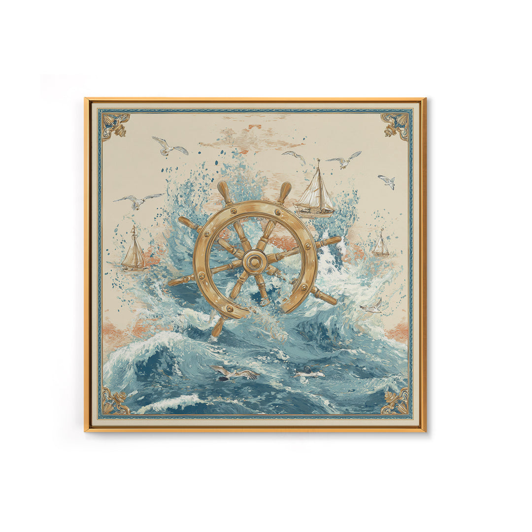 Ship Wheel with Sea Spray Background Framed Canvas Print, Nautical Art, Nautical, Coastal Decor, Fine Art, Harbor, Modern Decor, NAU-1x1-39