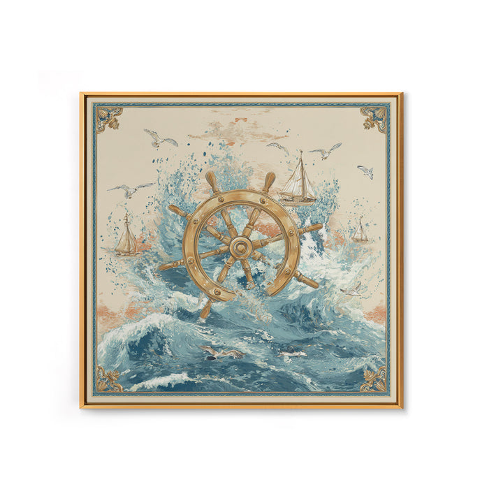 Ship Wheel with Sea Spray Background Framed Canvas Print, Nautical Art, Nautical, Coastal Decor, Fine Art, Harbor, Modern Decor, NAU-1x1-39