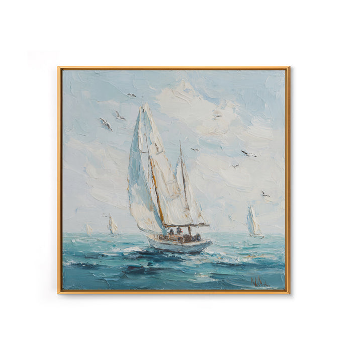 Classic Yacht Racing Through Whitecaps Framed Canvas Print, Nautical Art, Coastal Decor, Oil Painting, Harbor, Fine Art Print, NAU-1x1-43