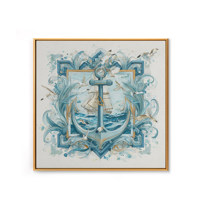 Anchor and Laurel Nautical Crest Without Text Framed Canvas Print, Nautical Art, Textured Painting, Coastal Decor, Harbor, NAU-1x1-53