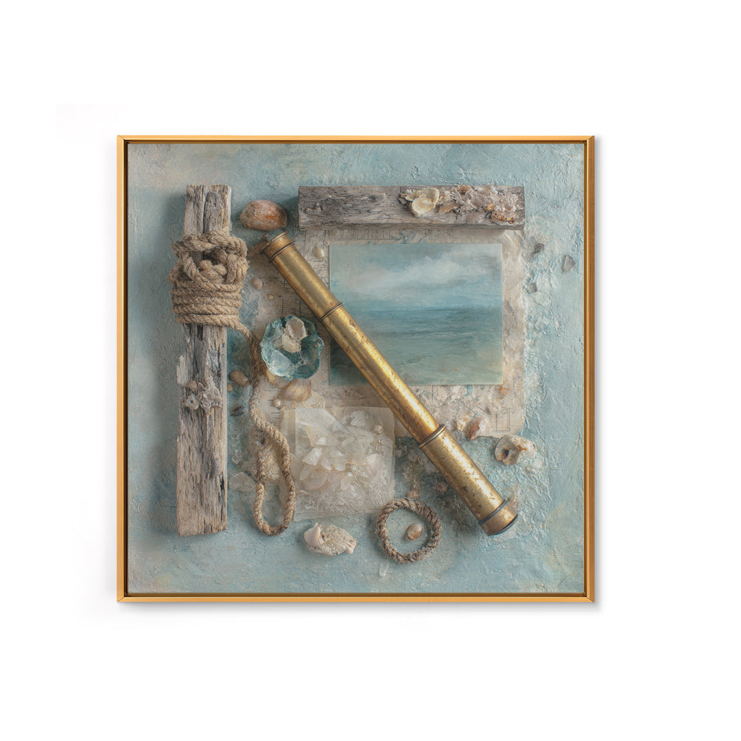 Brass Telescope and Old Map Still Life Framed Canvas Print, Nautical Art, Statement Artwork, Coastal Decor, Fine Art, Harbor, NAU-1x1-78